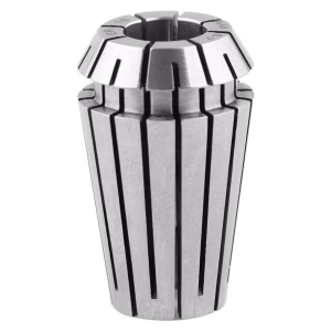 A metallic ER16 collet with a slotted, tapered design. The collet has a brushed steel finish and is shown isolated on a white background. It is a key component in tool holders for CNC machining and milling applications.